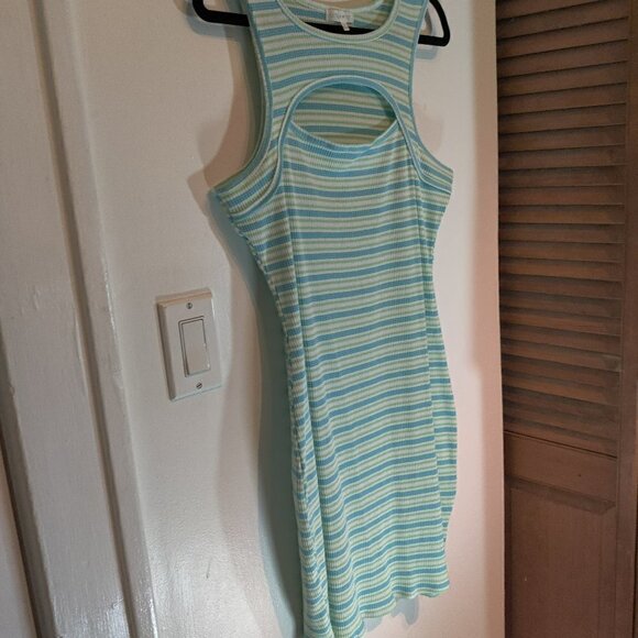 Ultra Flirt Dress Knit, Cut Out at chest in a stretchy Aqua and White Fabric 1X - Picture 1 of 5